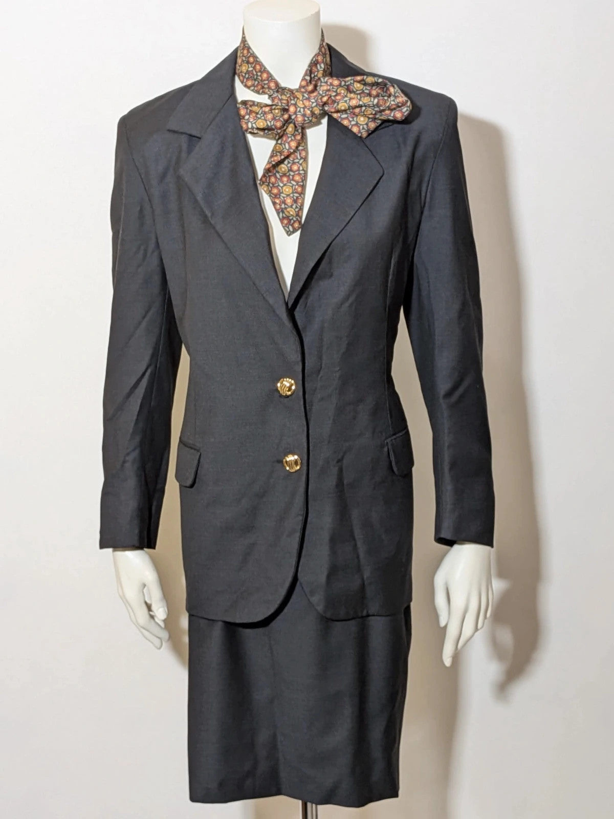 Cherie de Paris grey blazer and skirt suit, structured fit, gold button details, 100% wool.