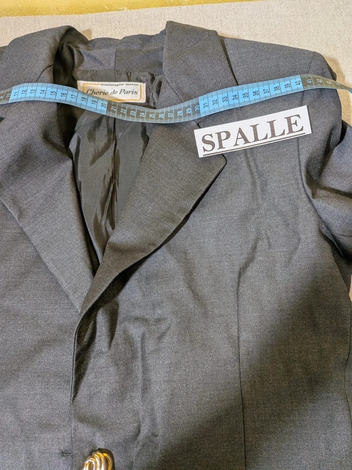 Cherie de Paris grey blazer and skirt suit, structured fit, gold button details, 100% wool.