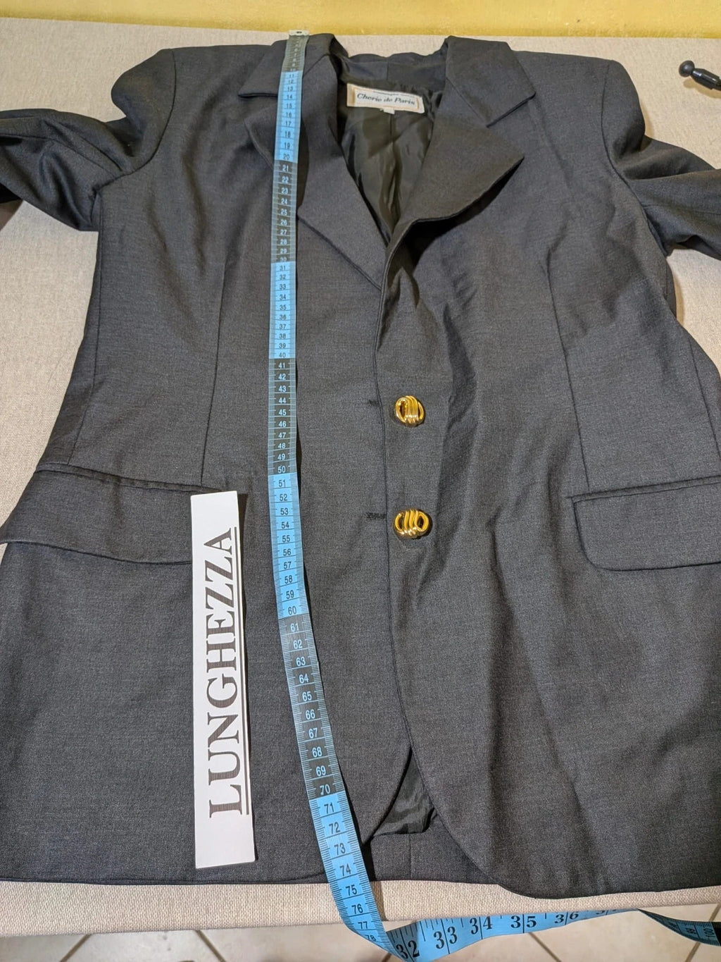 Cherie de Paris grey blazer and skirt suit, structured fit, gold button details, 100% wool.