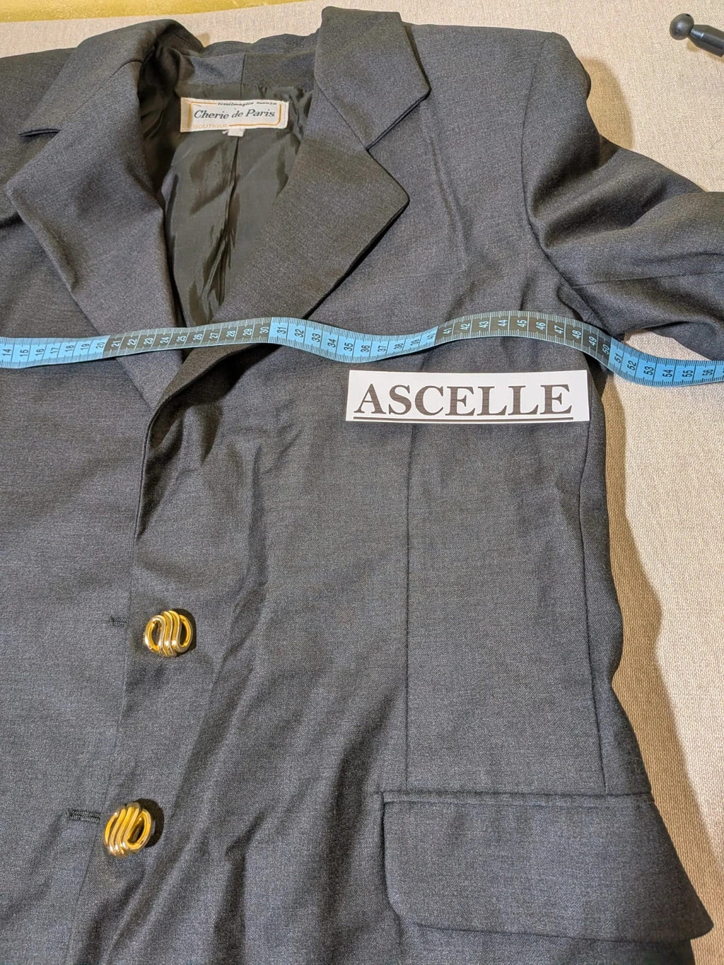 Cherie de Paris grey blazer and skirt suit, structured fit, gold button details, 100% wool.