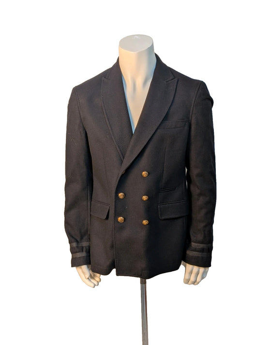 Zara Man navy blazer double-breasted with gold nautical buttons and striped lining.