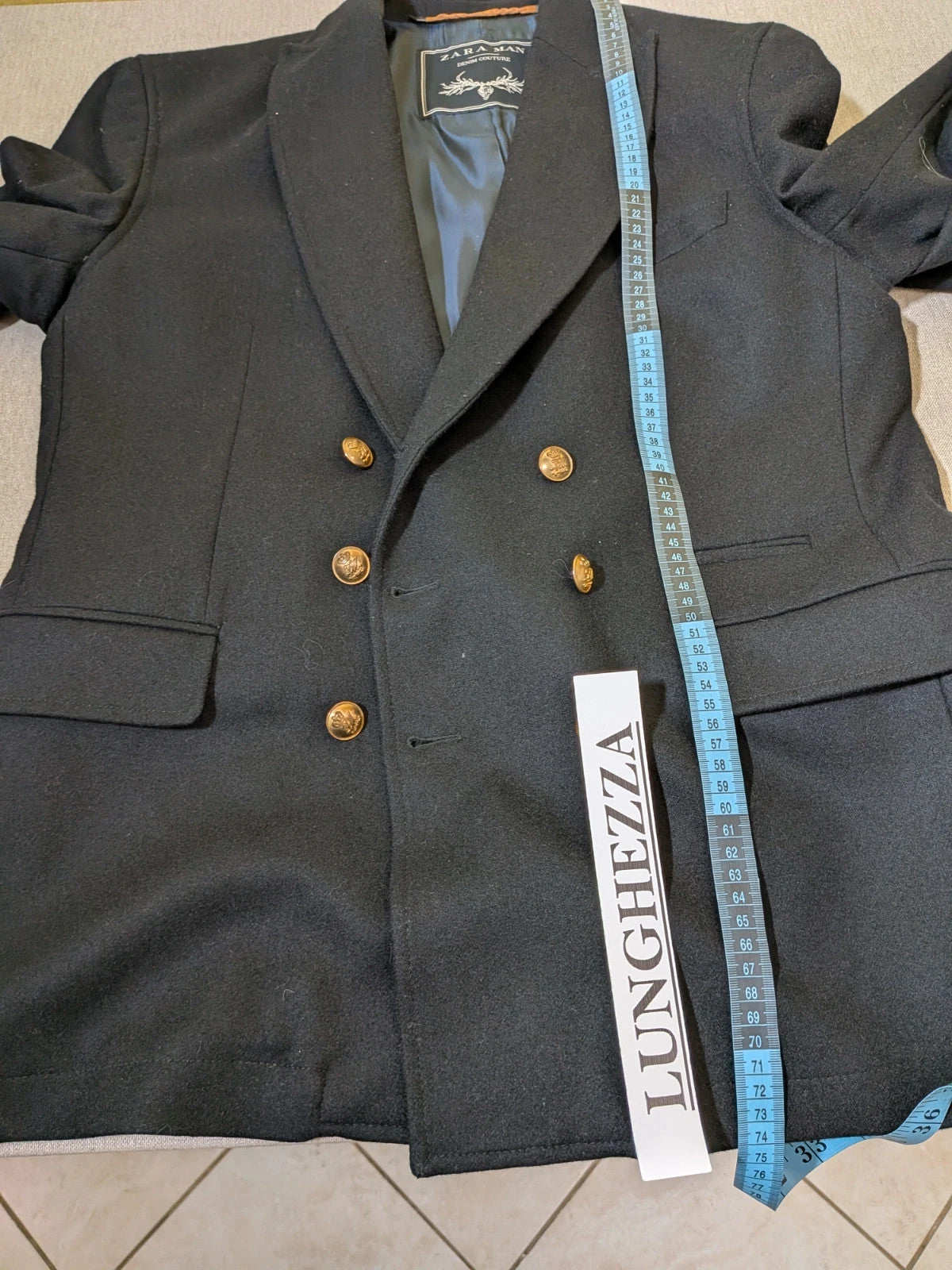 Zara Man navy blazer double-breasted with gold nautical buttons and striped lining.