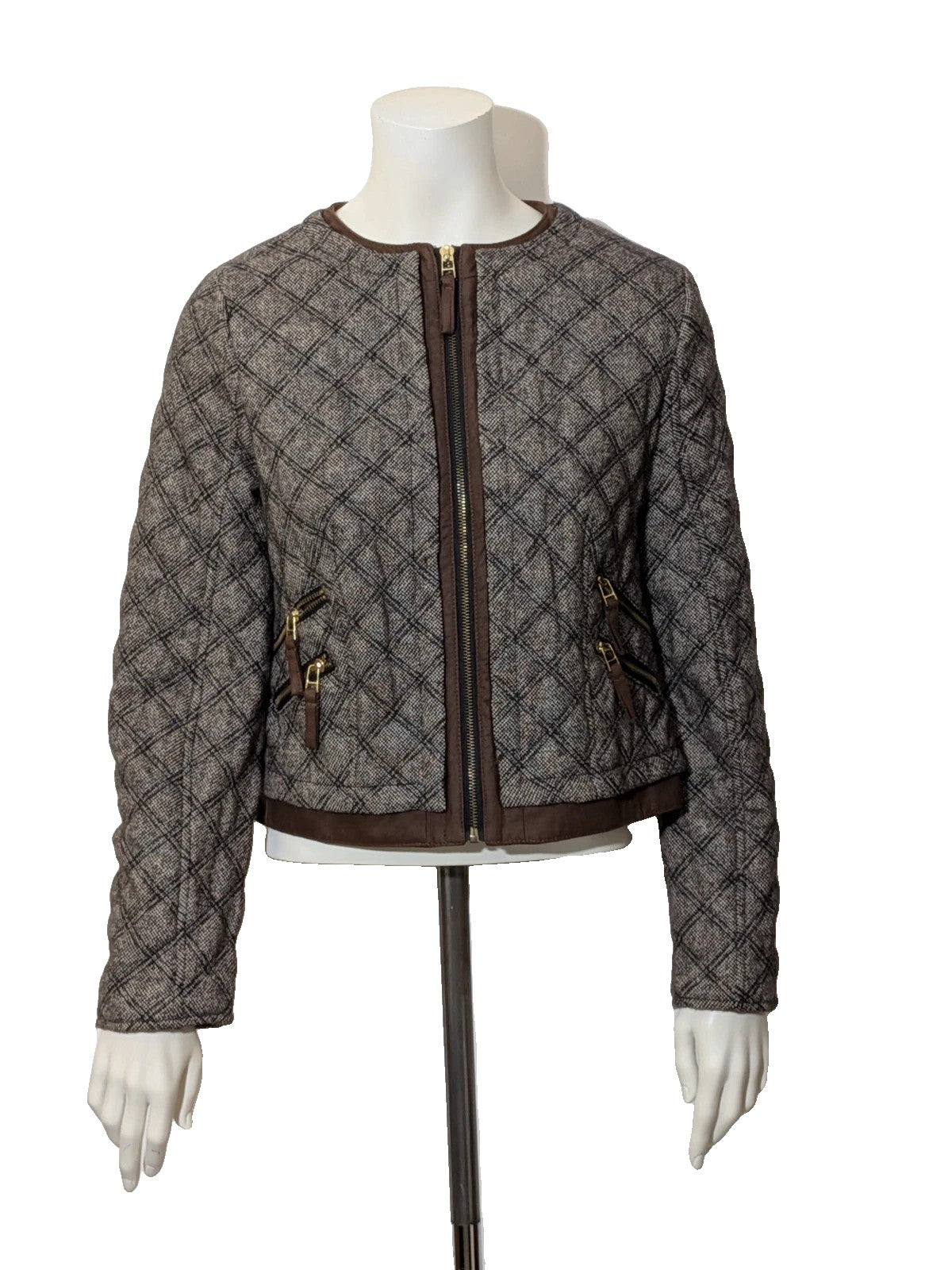 Zara Basic beige and brown quilted jacket with geometric pattern and suede trim.