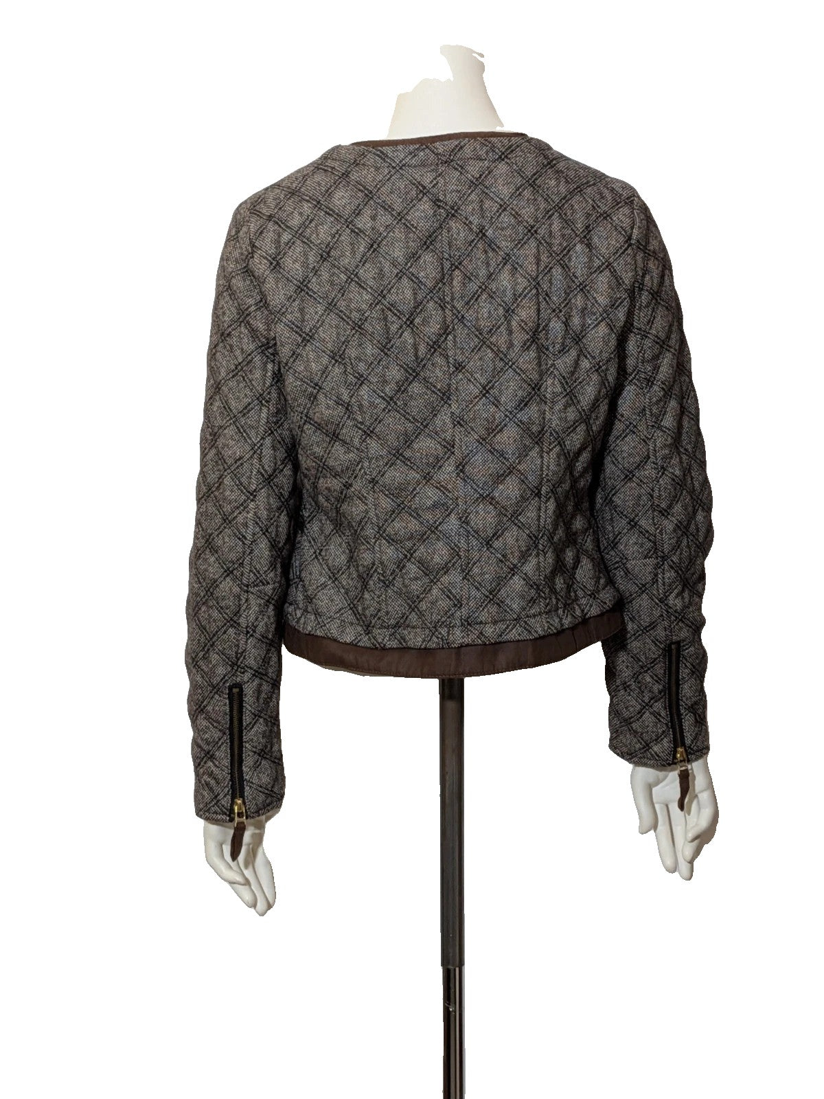 Zara Basic beige and brown quilted jacket with geometric pattern and suede trim.