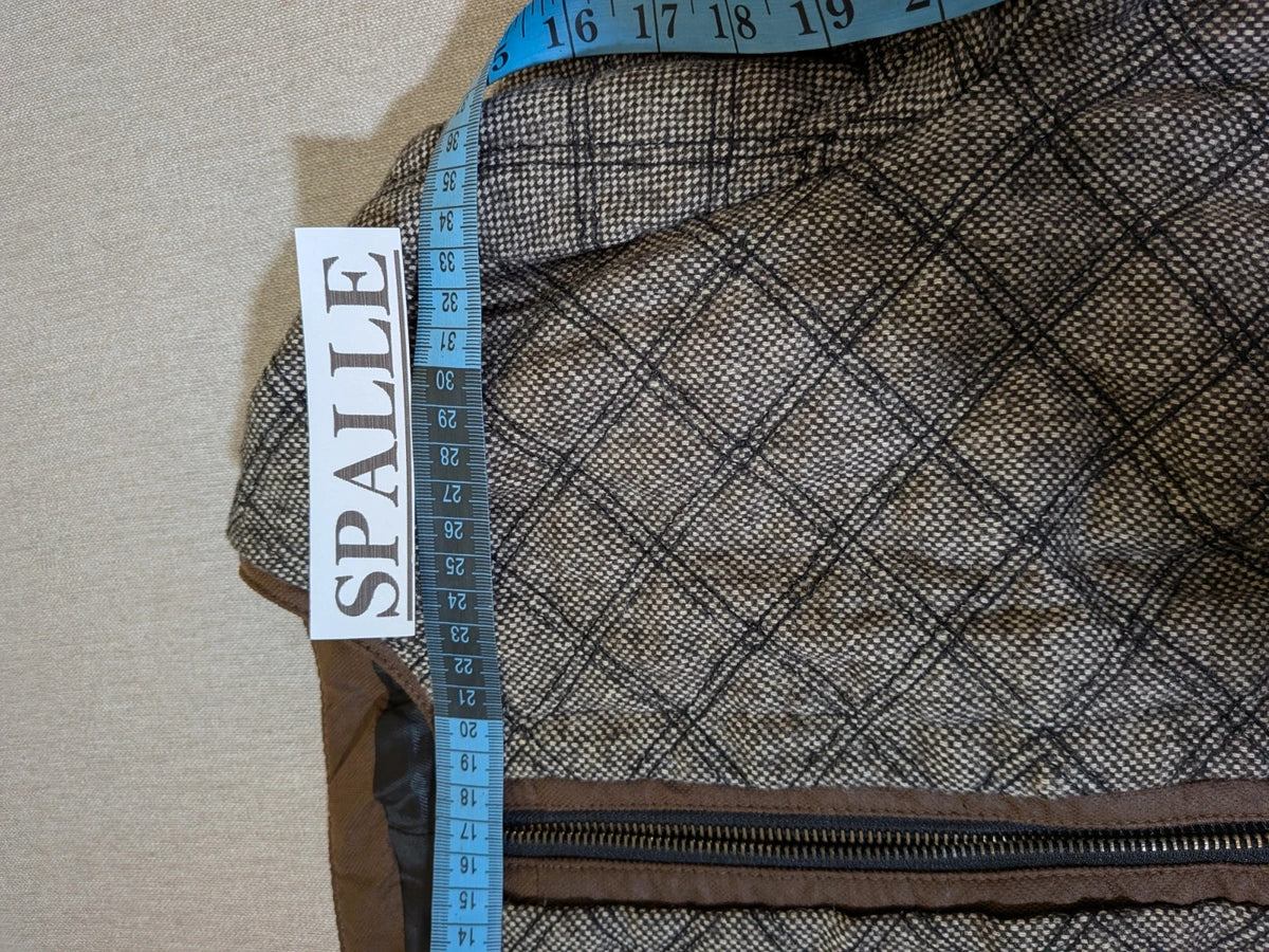 Zara Basic beige and brown quilted jacket with geometric pattern and suede trim.