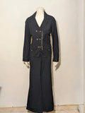 Cecil Y2K black suit with pinstripe pattern, double-breasted jacket and floral waistband pants.