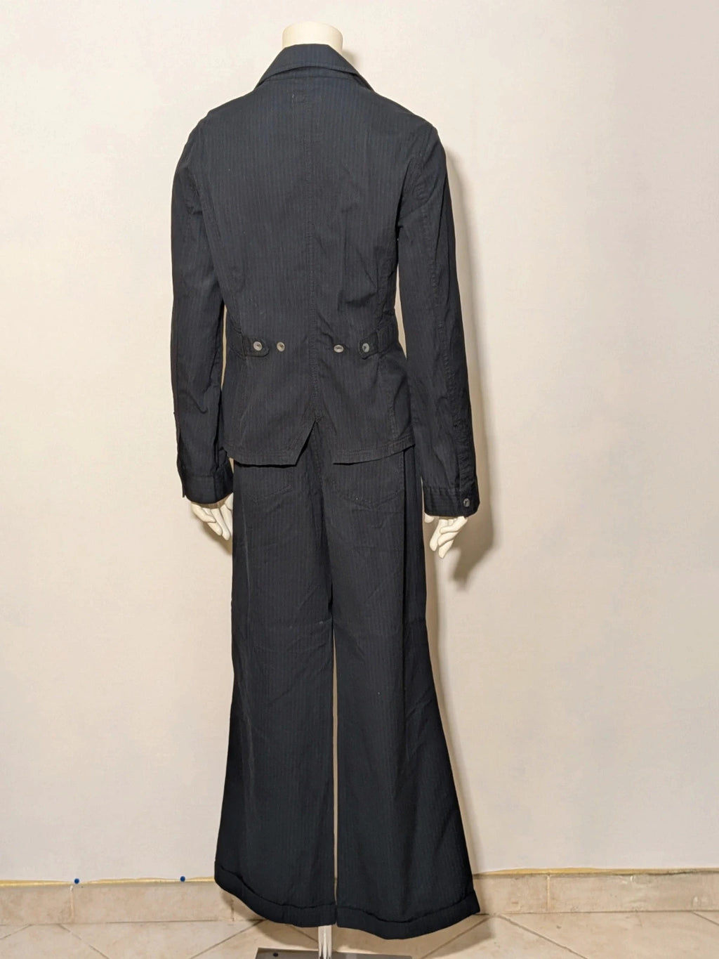 Cecil Y2K black suit with pinstripe pattern, double-breasted jacket and floral waistband pants.