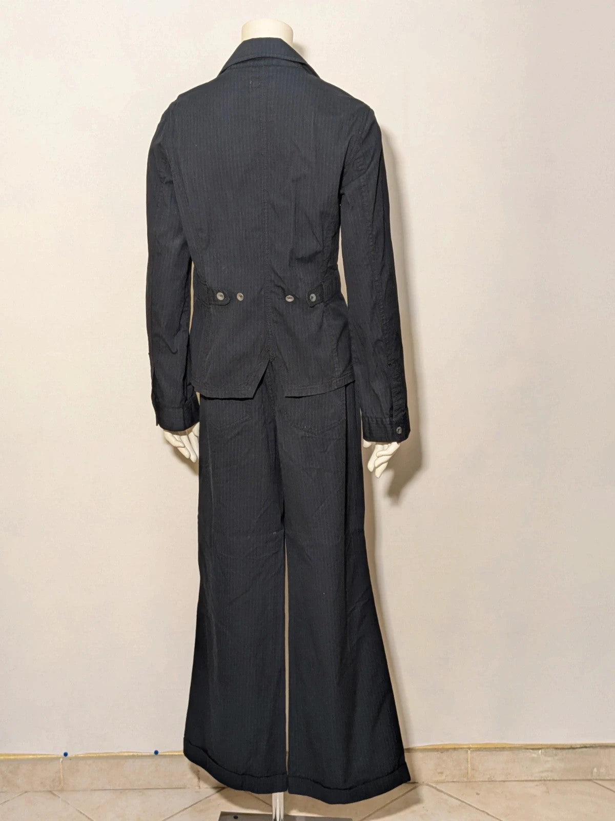 Cecil Y2K black suit with pinstripe pattern, double-breasted jacket and floral waistband pants.