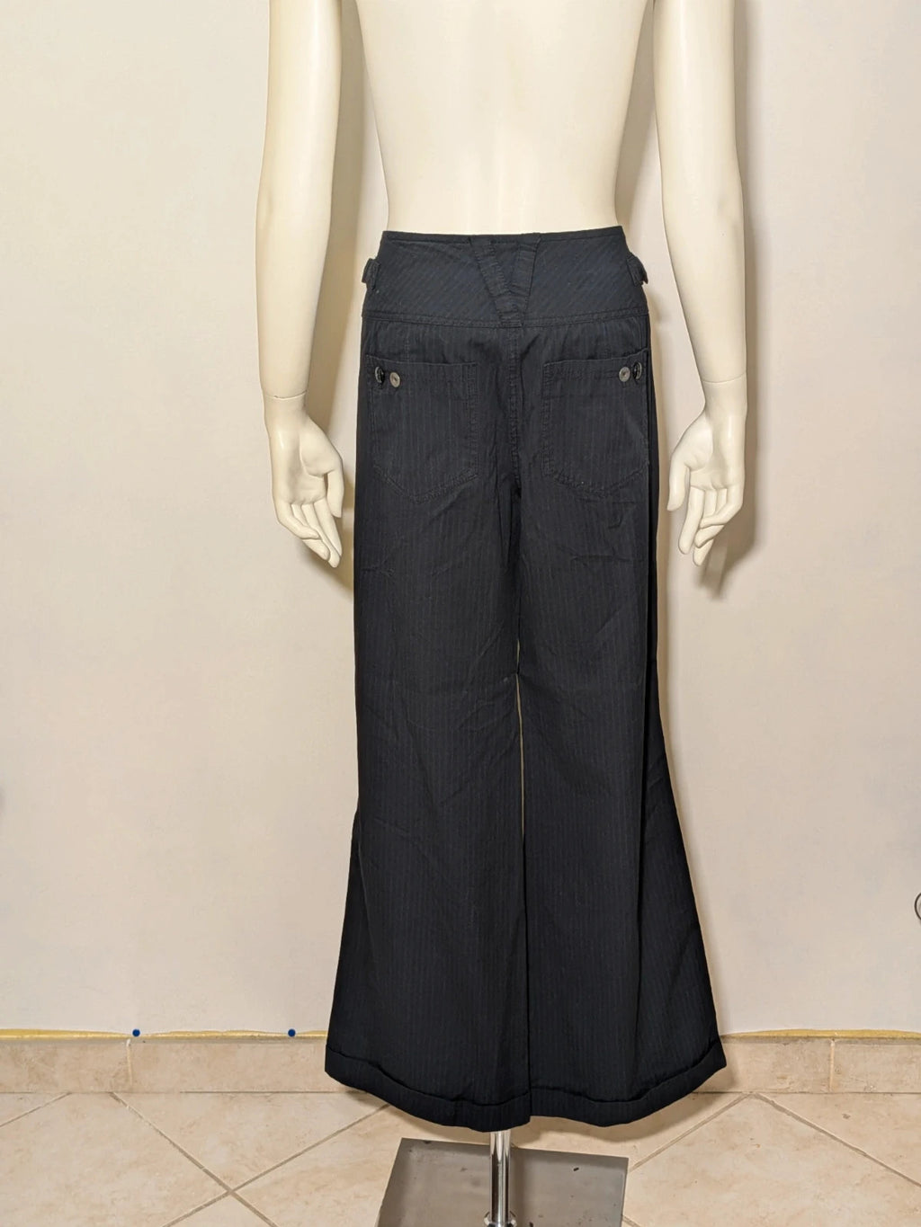 Cecil Y2K black suit with pinstripe pattern, double-breasted jacket and floral waistband pants.