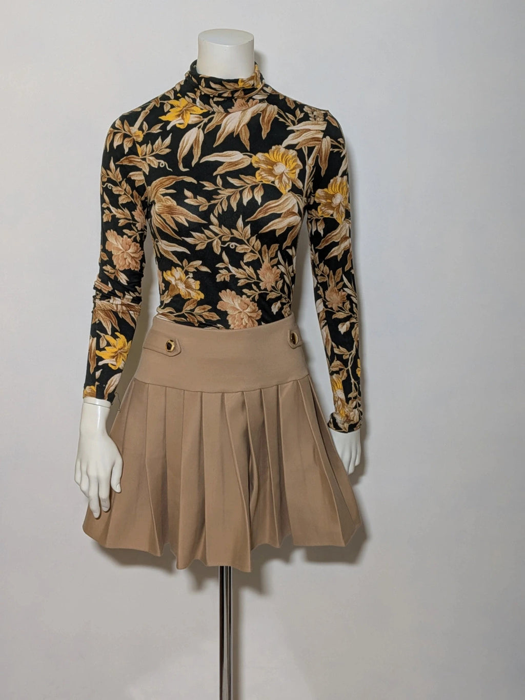 H&M floral high-neck top in beige, yellow and brown with long sleeves.