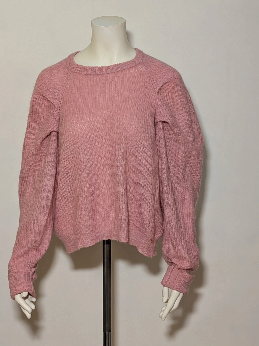 KOCCA pink sweater with balloon sleeves and metallic logo tag, made from mohair blend.