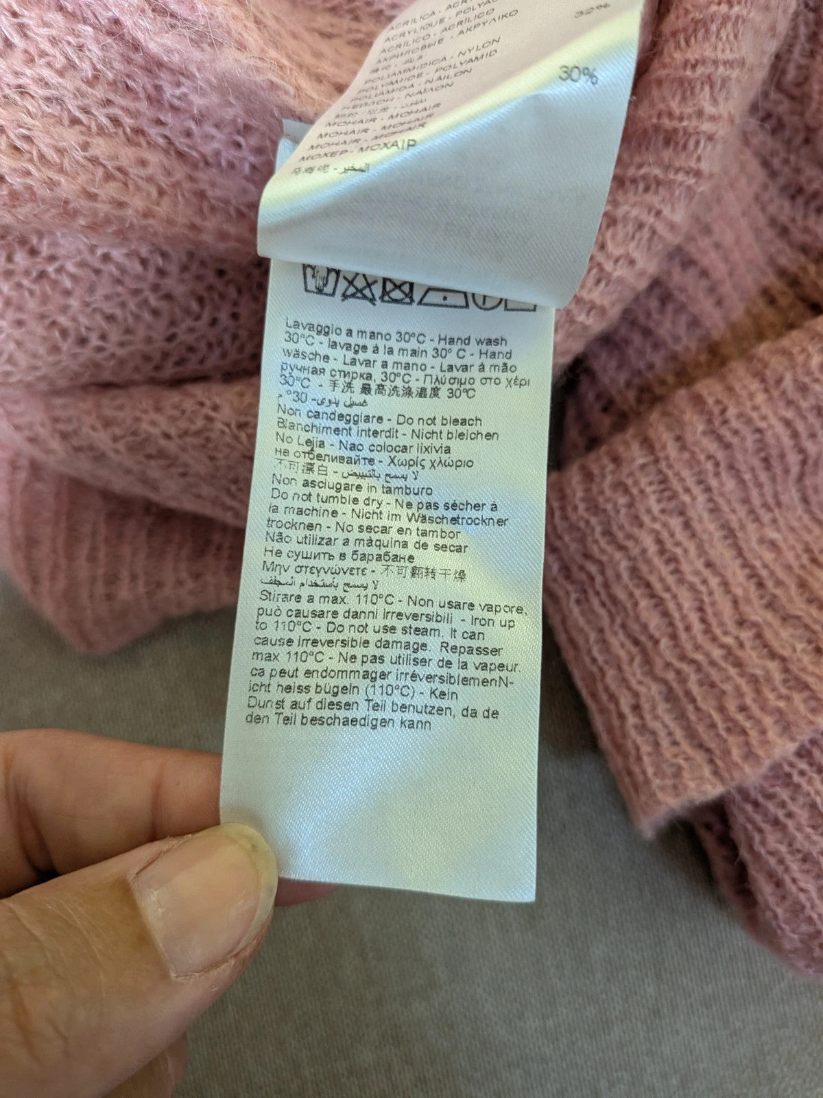 KOCCA pink sweater with balloon sleeves and metallic logo tag, made from mohair blend.