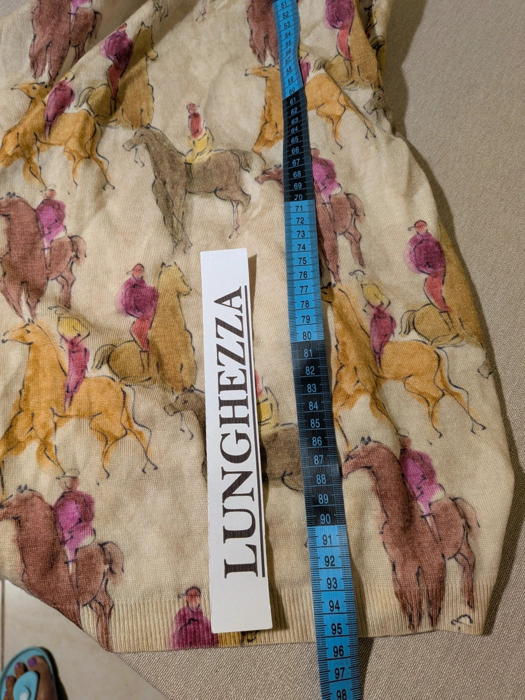 Vestito multi midi dress with high collar, vintage equestrian print, long sleeves.
