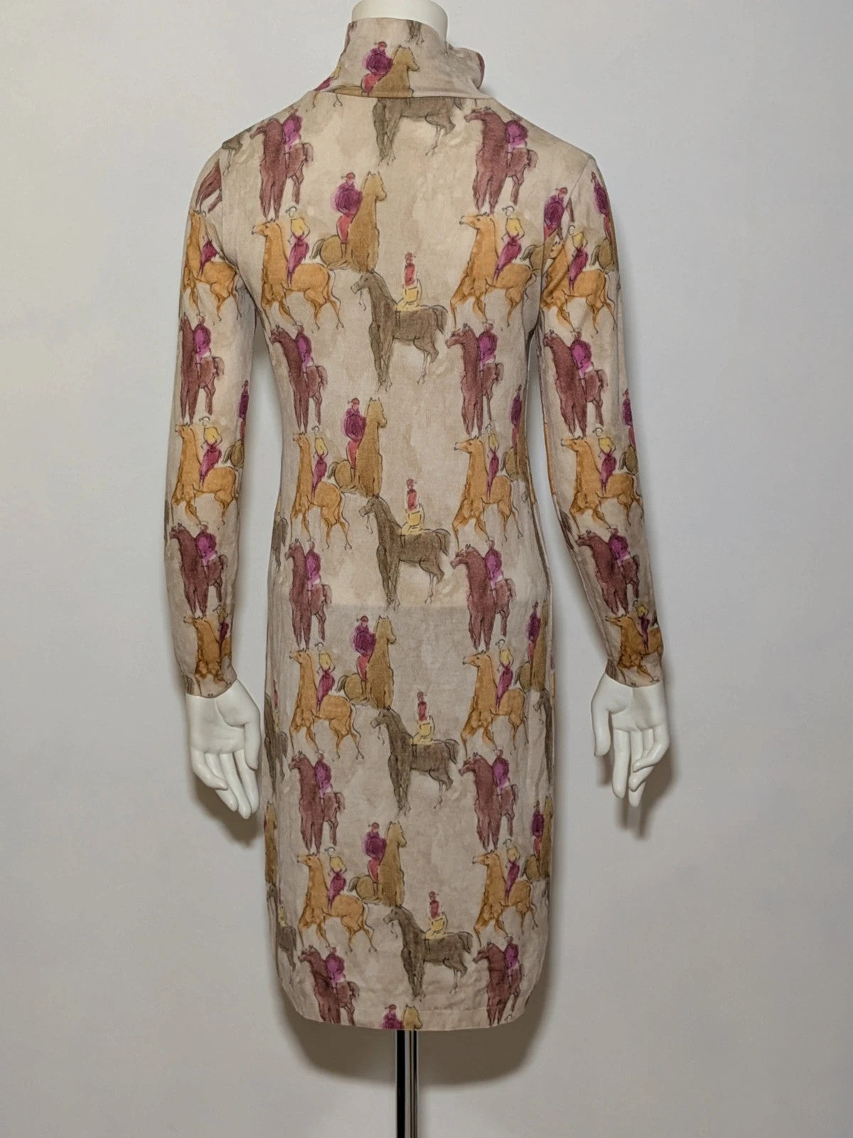 Vestito multi midi dress with high collar, vintage equestrian print, long sleeves.