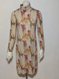 Vestito multi midi dress with high collar, vintage equestrian print, long sleeves.
