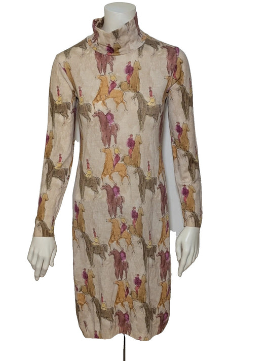 Vestito multi midi dress with high collar, vintage equestrian print, long sleeves.