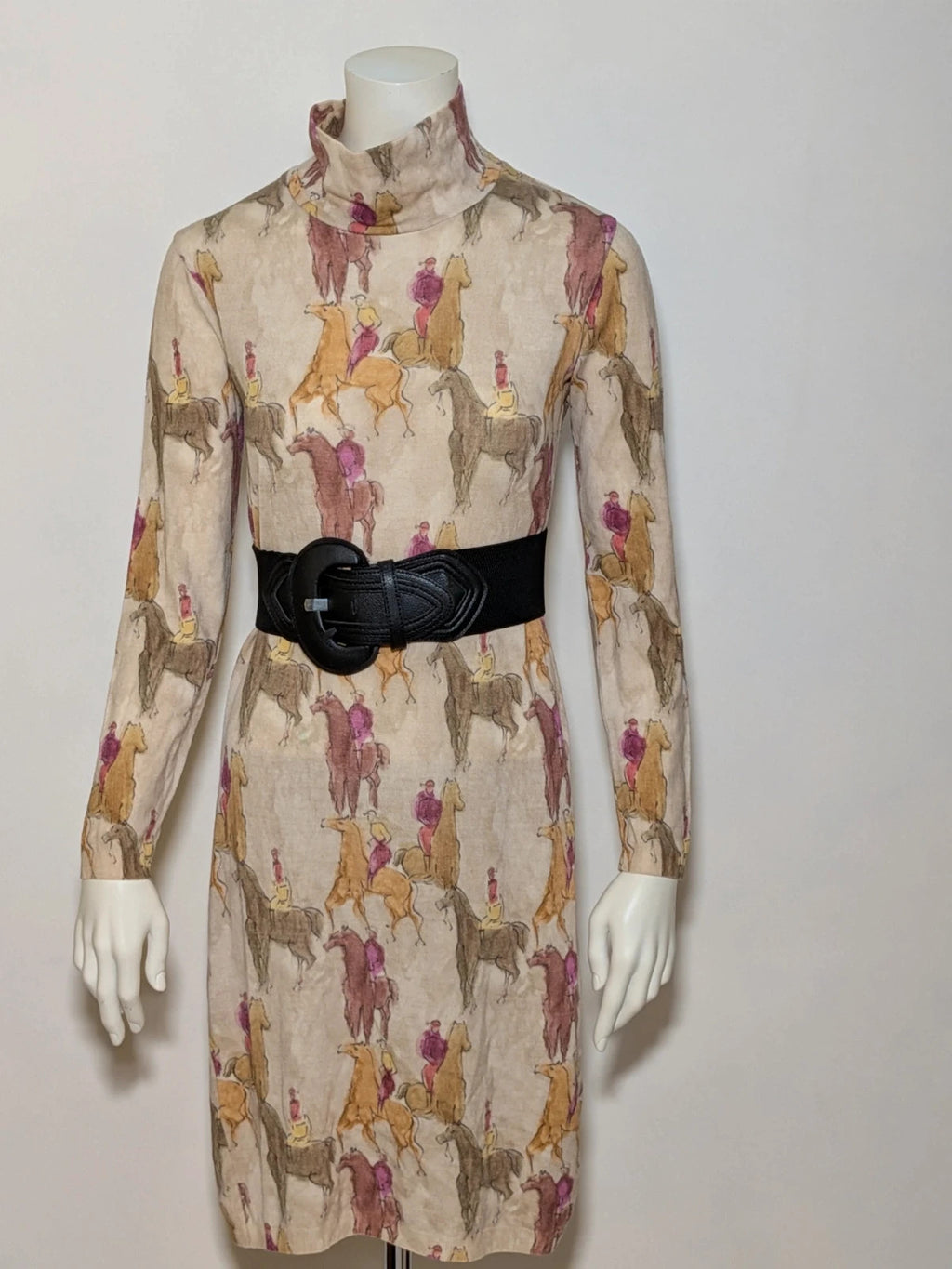 Vestito multi midi dress with high collar, vintage equestrian print, long sleeves.