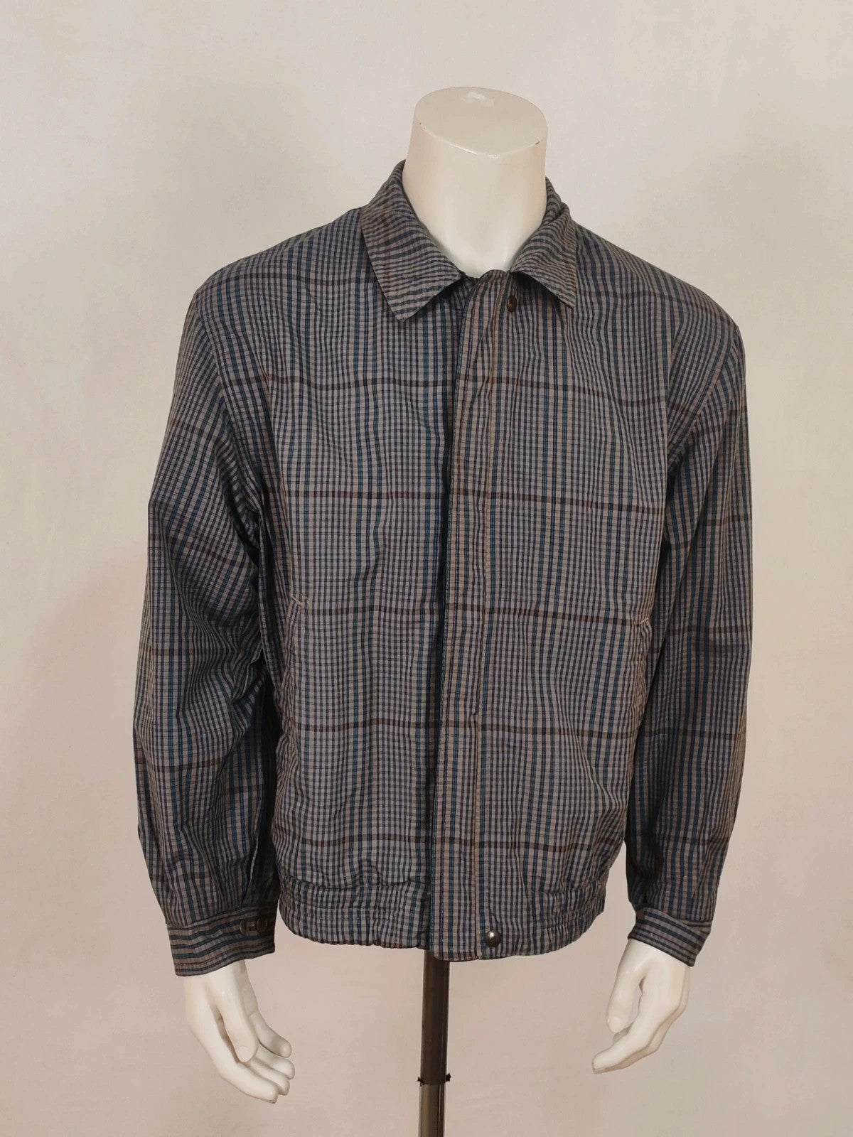 Faciba vintage double face jacket plaid pattern grey navy, classic collar, button closure.