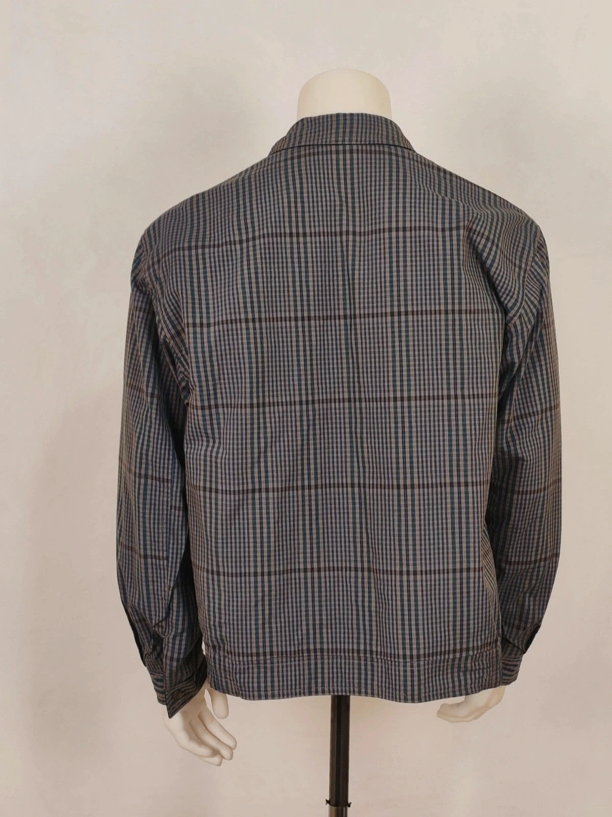 Faciba vintage double face jacket plaid pattern grey navy, classic collar, button closure.