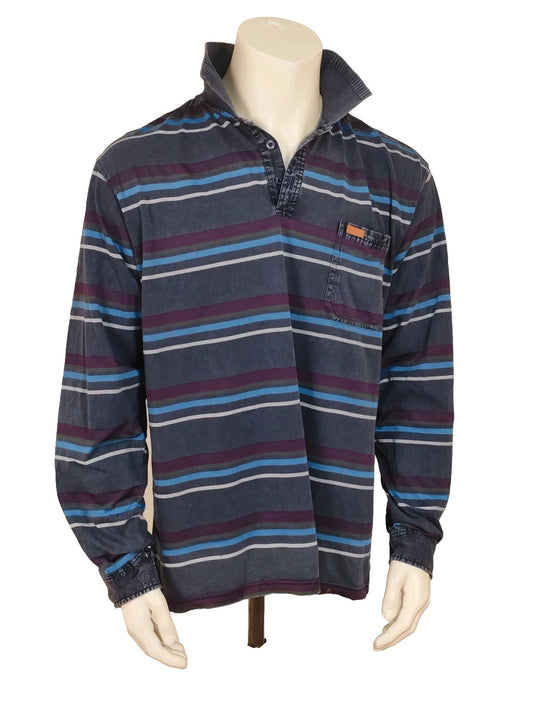 Kalamton vintage rugby polo shirt blue multi horizontal stripes, denim collar, chest pocket.
