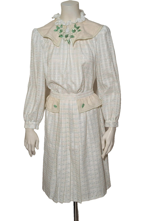 Mar Mar cream and green vintage baby outfit with sailor collar, floral sequin details.