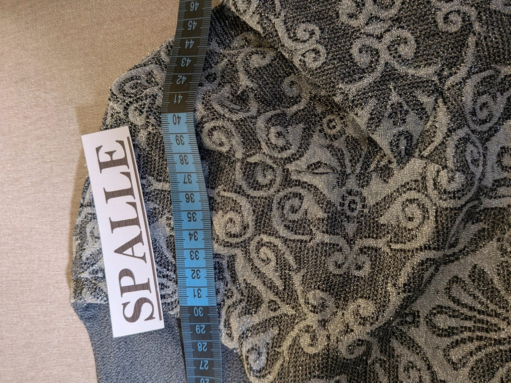 Liola grey silver skirt suit with jacquard floral pattern and short collar jacket.