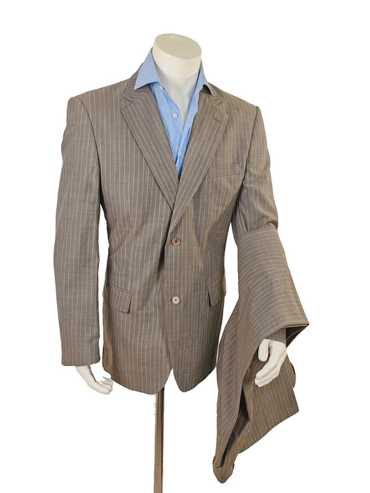 Zara Man brown suit jacket and pants, 100% wool, vertical pinstripe pattern.