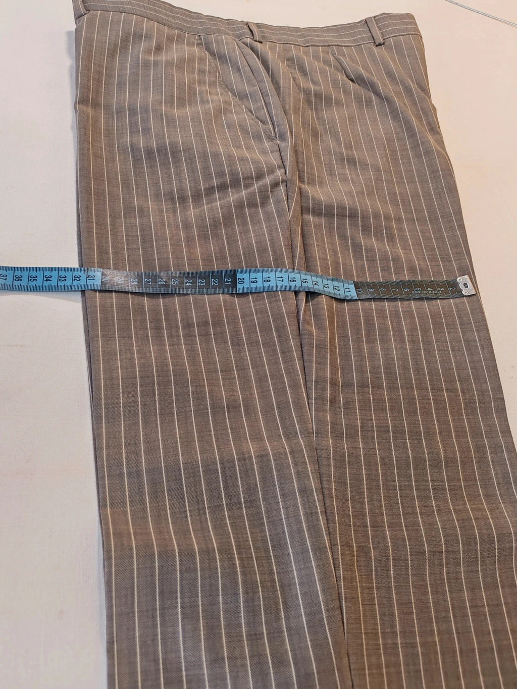 Zara Man brown suit jacket and pants, 100% wool, vertical pinstripe pattern.