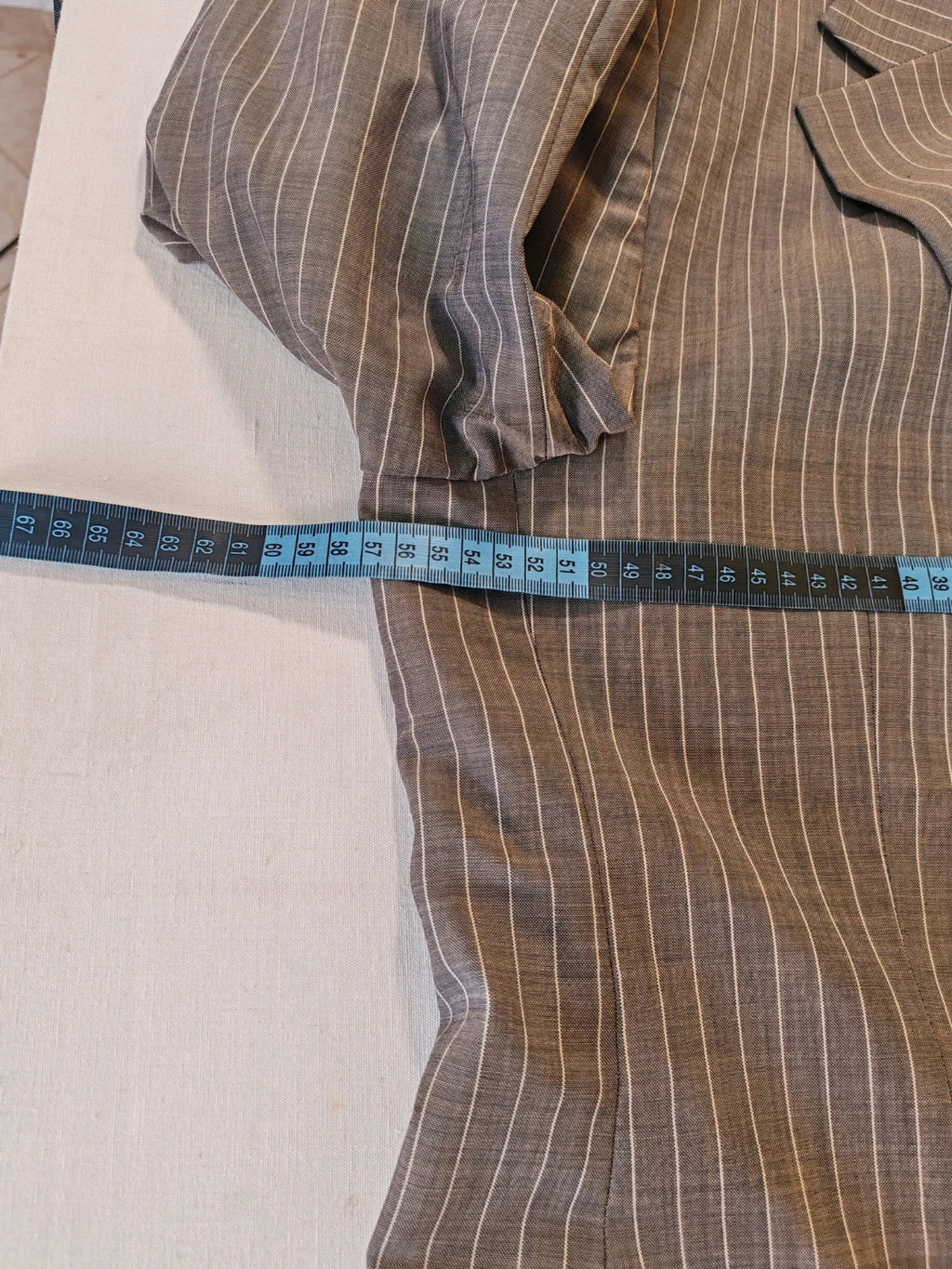 Zara Man brown suit jacket and pants, 100% wool, vertical pinstripe pattern.