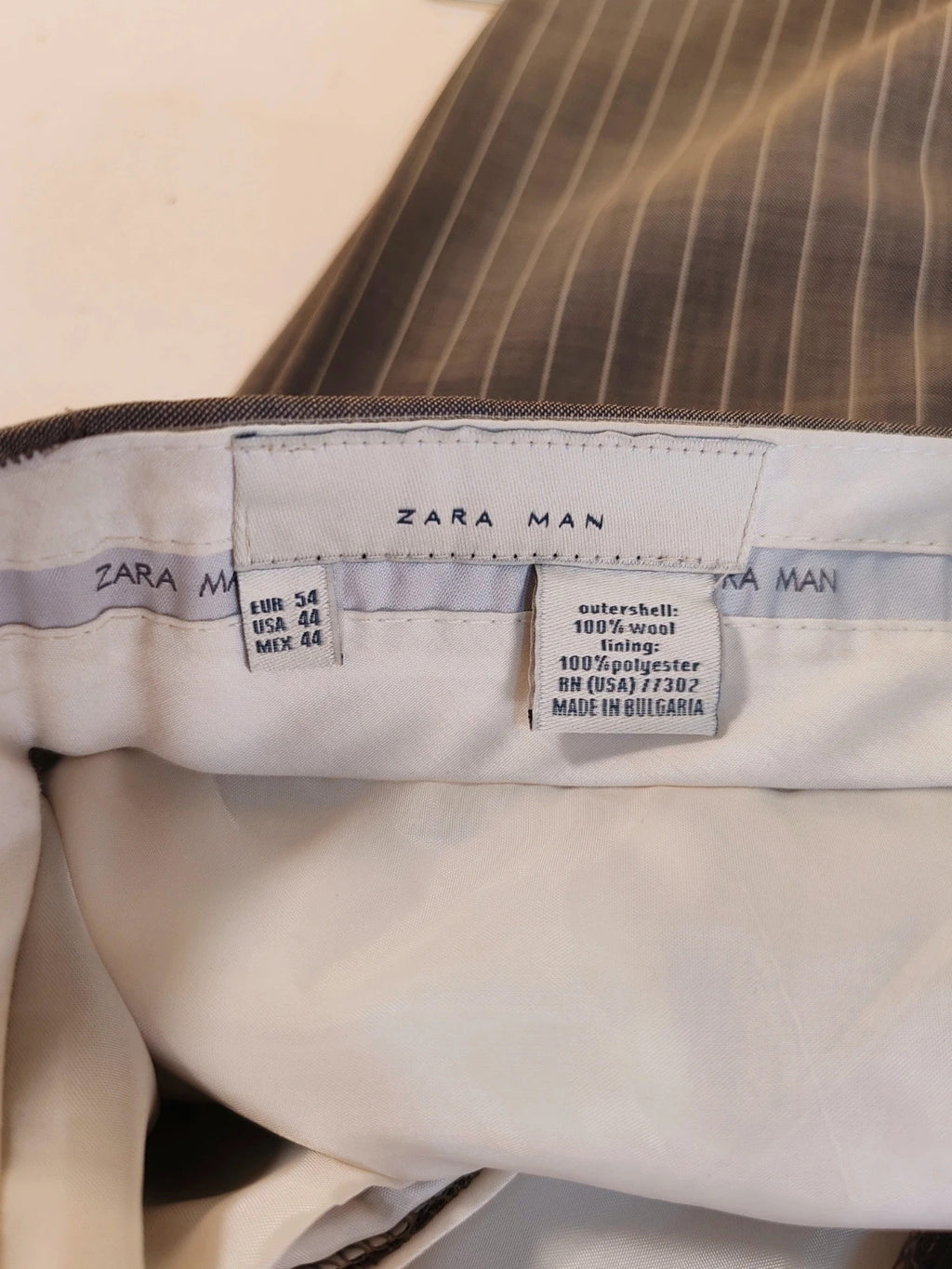 Zara Man brown suit jacket and pants, 100% wool, vertical pinstripe pattern.