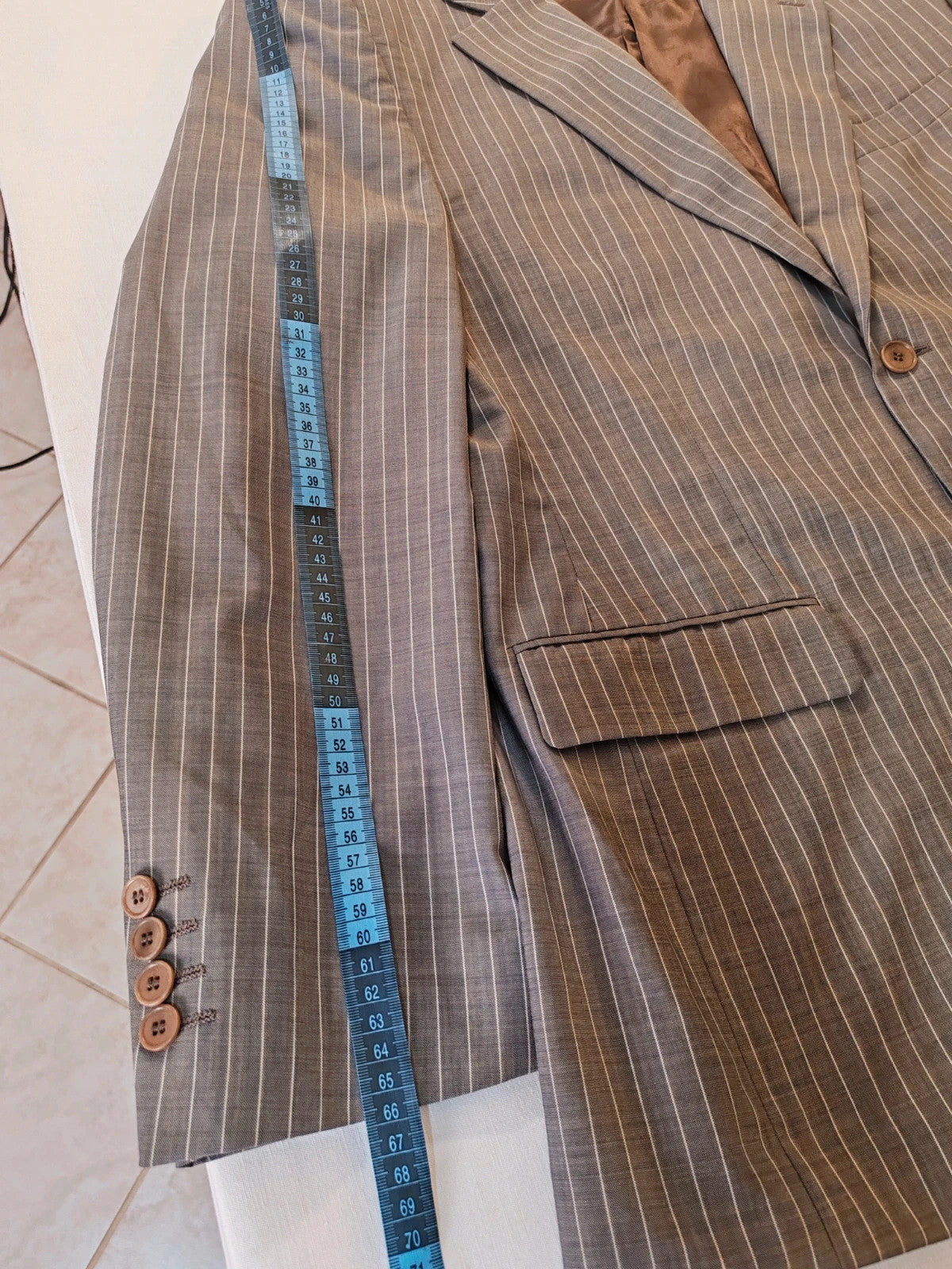 Zara Man brown suit jacket and pants, 100% wool, vertical pinstripe pattern.
