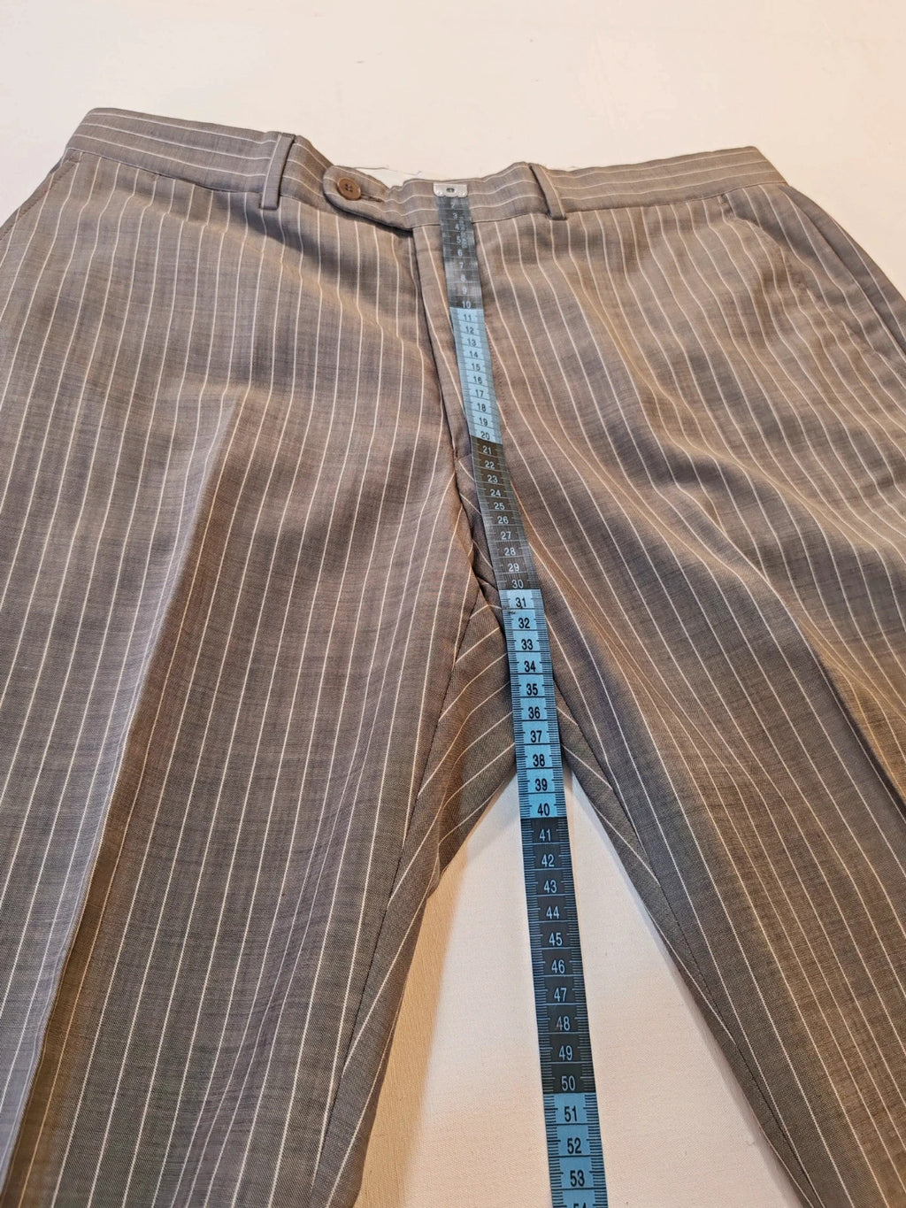 Zara Man brown suit jacket and pants, 100% wool, vertical pinstripe pattern.