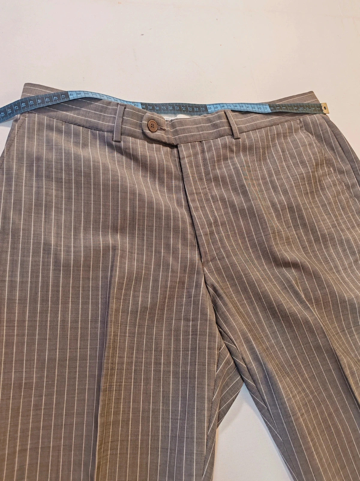 Zara Man brown suit jacket and pants, 100% wool, vertical pinstripe pattern.
