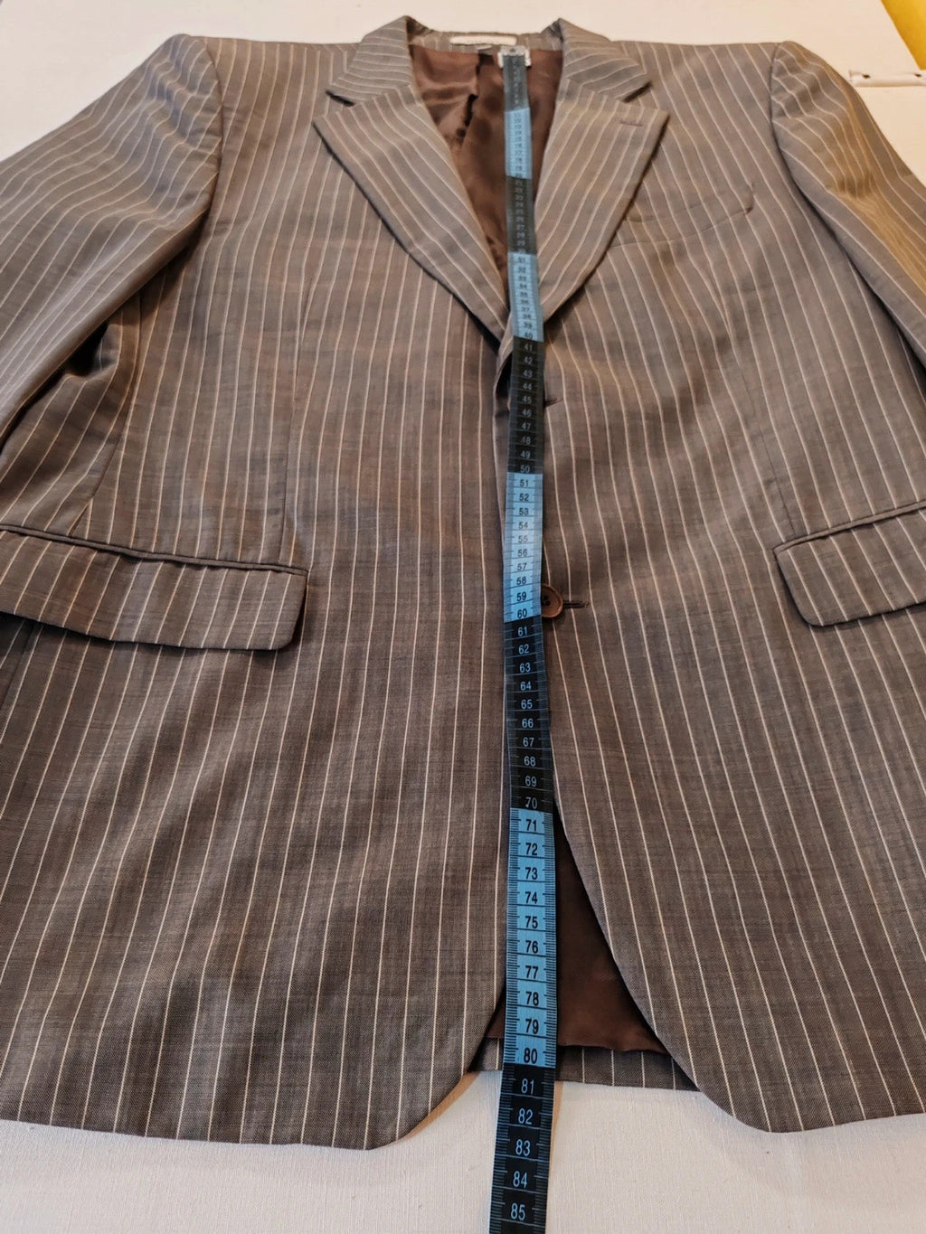 Zara Man brown suit jacket and pants, 100% wool, vertical pinstripe pattern.