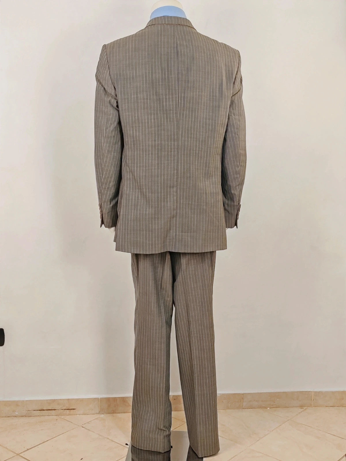 Zara Man brown suit jacket and pants, 100% wool, vertical pinstripe pattern.