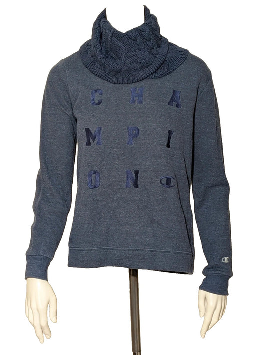 Champion navy turtleneck jumper with cable knit collar and embossed logo on front.