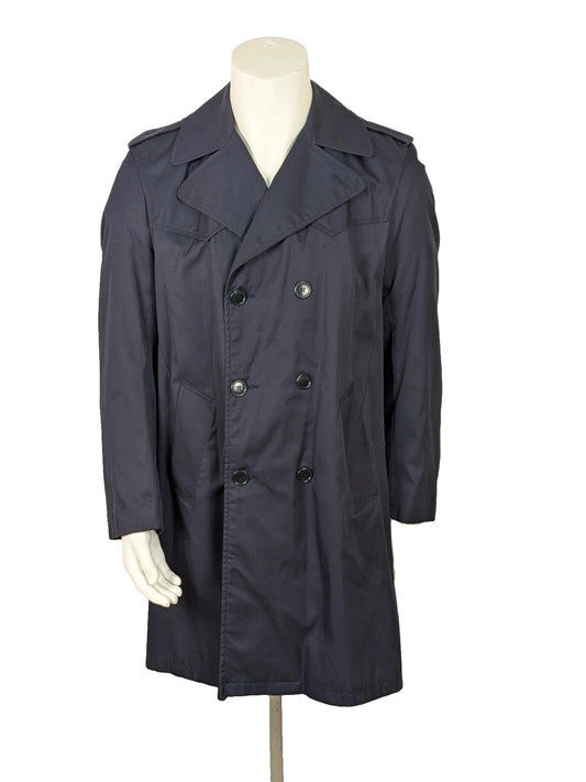 Trench navy jacket vintage 1989 military style double-breasted with epaulettes and large lapels.
