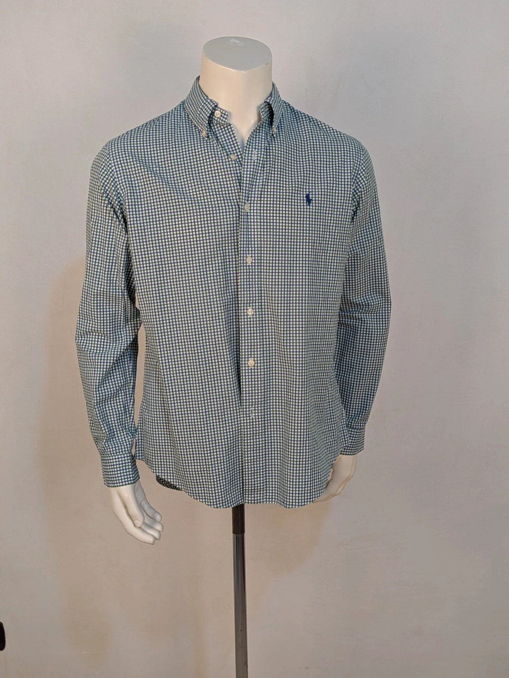 Ralph Lauren blue and green checkered shirt with embroidered dark blue Pony logo.