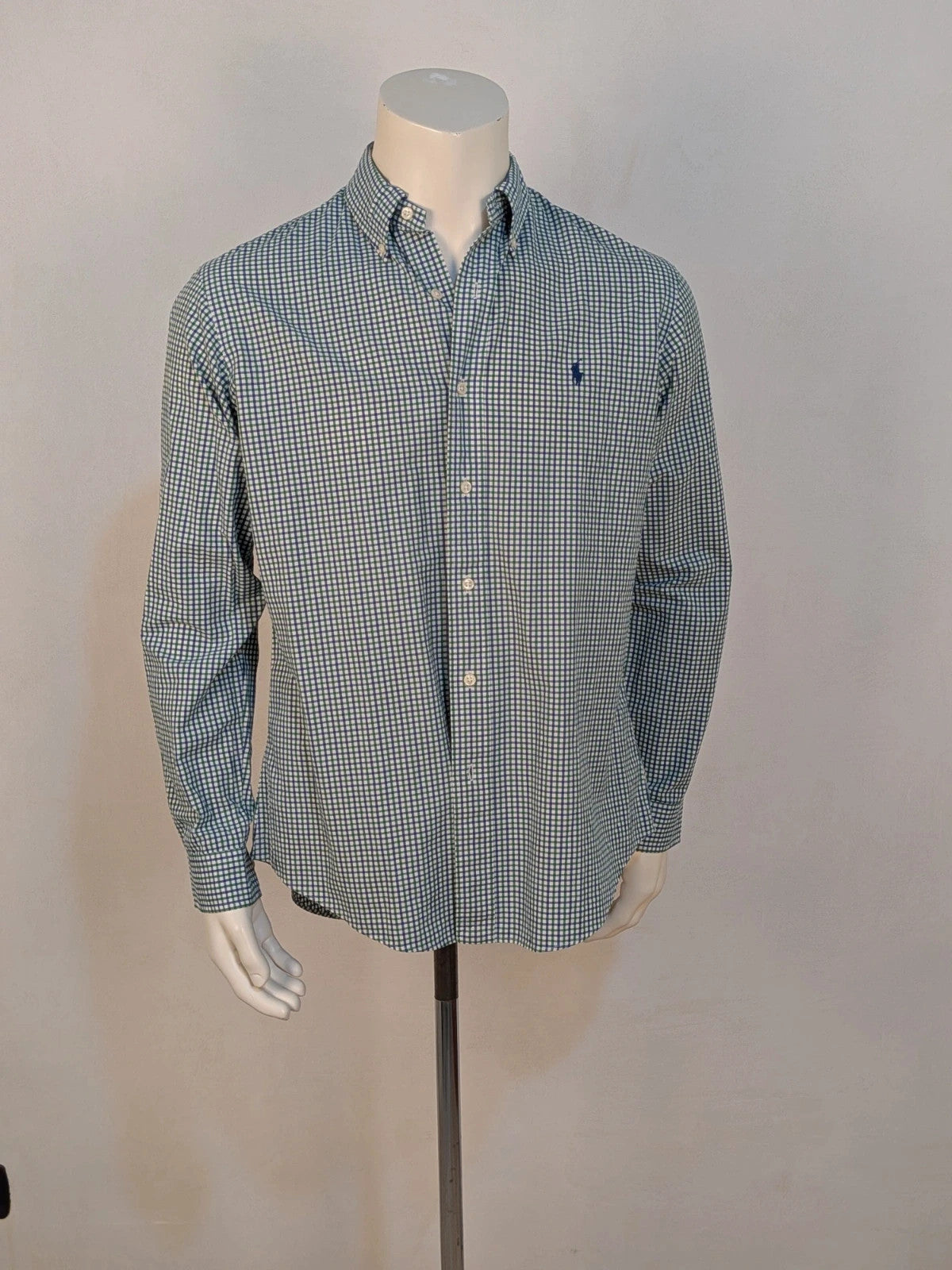 Ralph Lauren blue and green checkered shirt with embroidered dark blue Pony logo.
