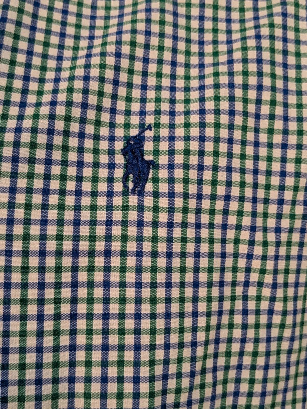 Ralph Lauren blue and green checkered shirt with embroidered dark blue Pony logo.