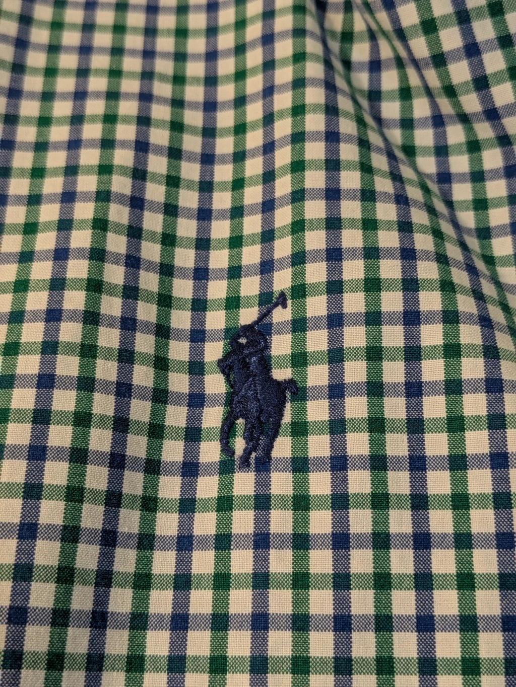 Ralph Lauren blue and green checkered shirt with embroidered dark blue Pony logo.
