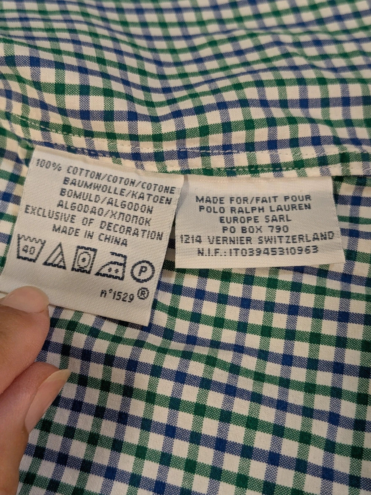 Ralph Lauren blue and green checkered shirt with embroidered dark blue Pony logo.