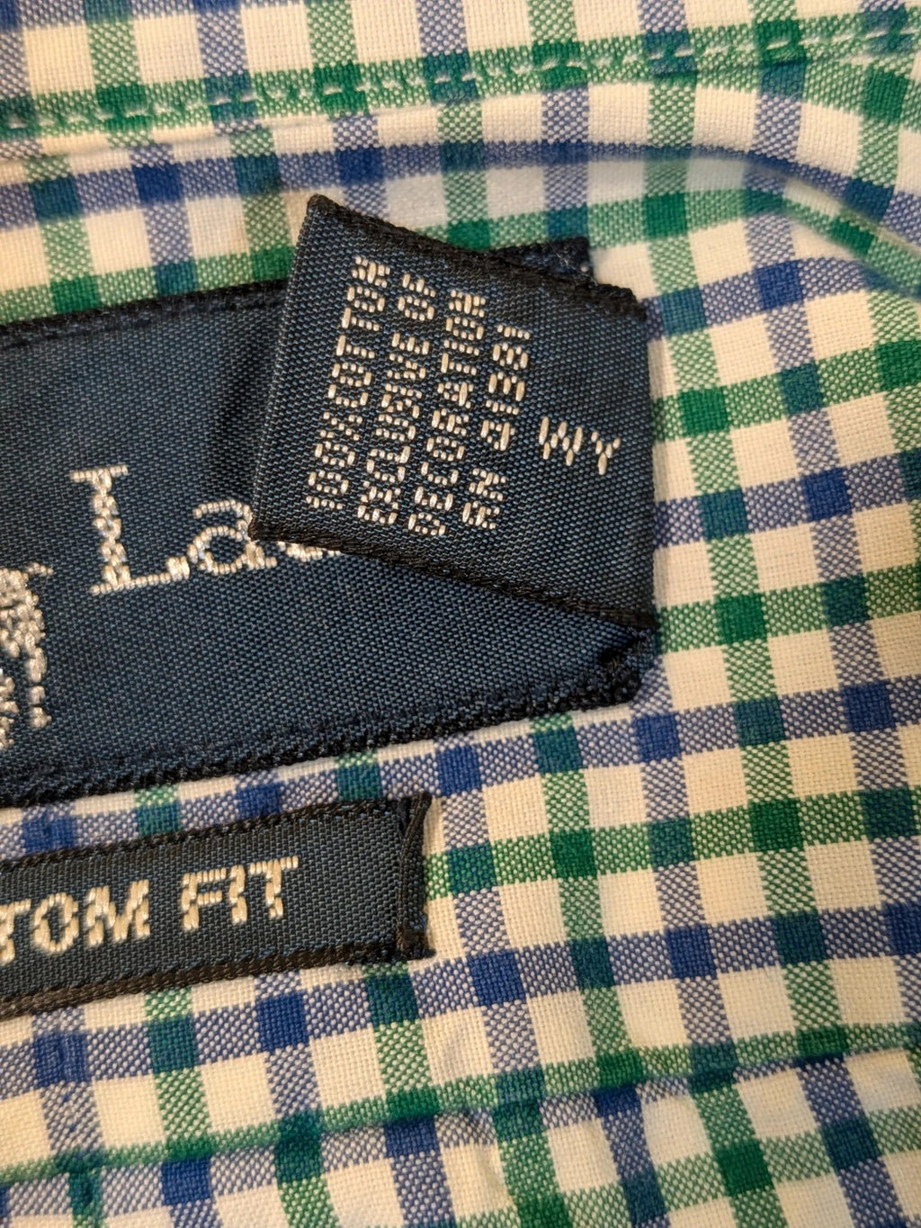 Ralph Lauren blue and green checkered shirt with embroidered dark blue Pony logo.