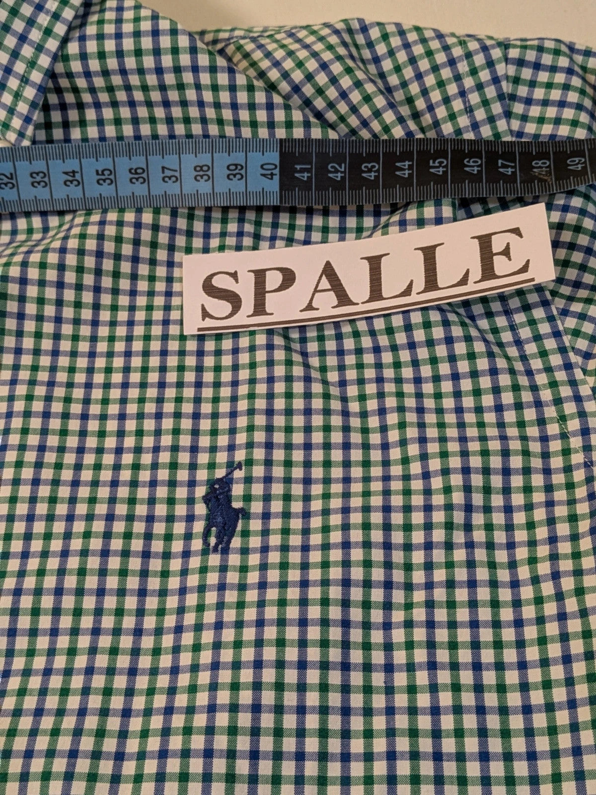 Ralph Lauren blue and green checkered shirt with embroidered dark blue Pony logo.