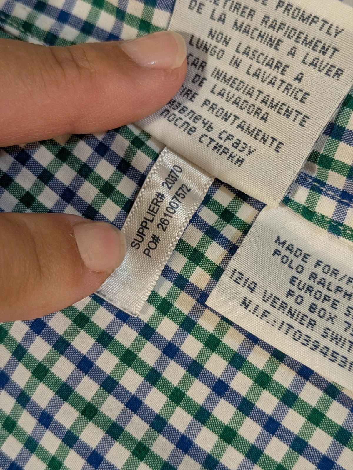 Ralph Lauren blue and green checkered shirt with embroidered dark blue Pony logo.