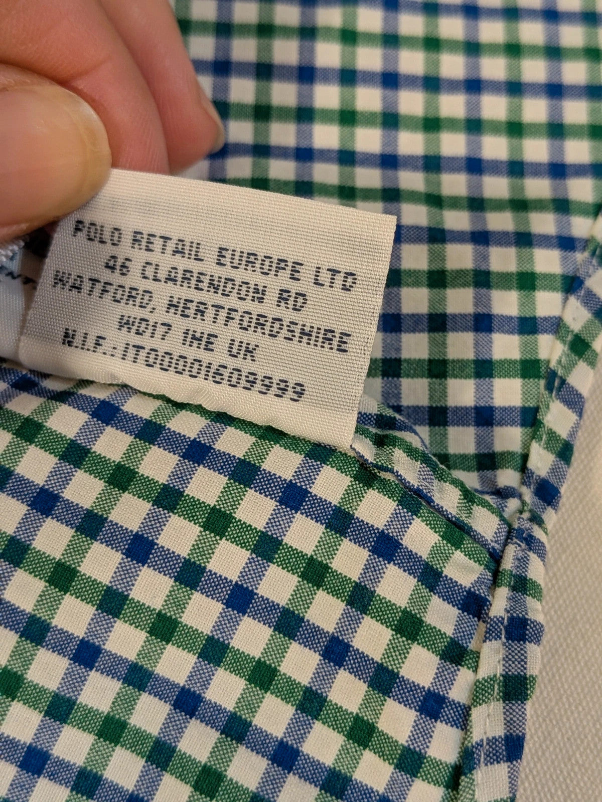 Ralph Lauren blue and green checkered shirt with embroidered dark blue Pony logo.