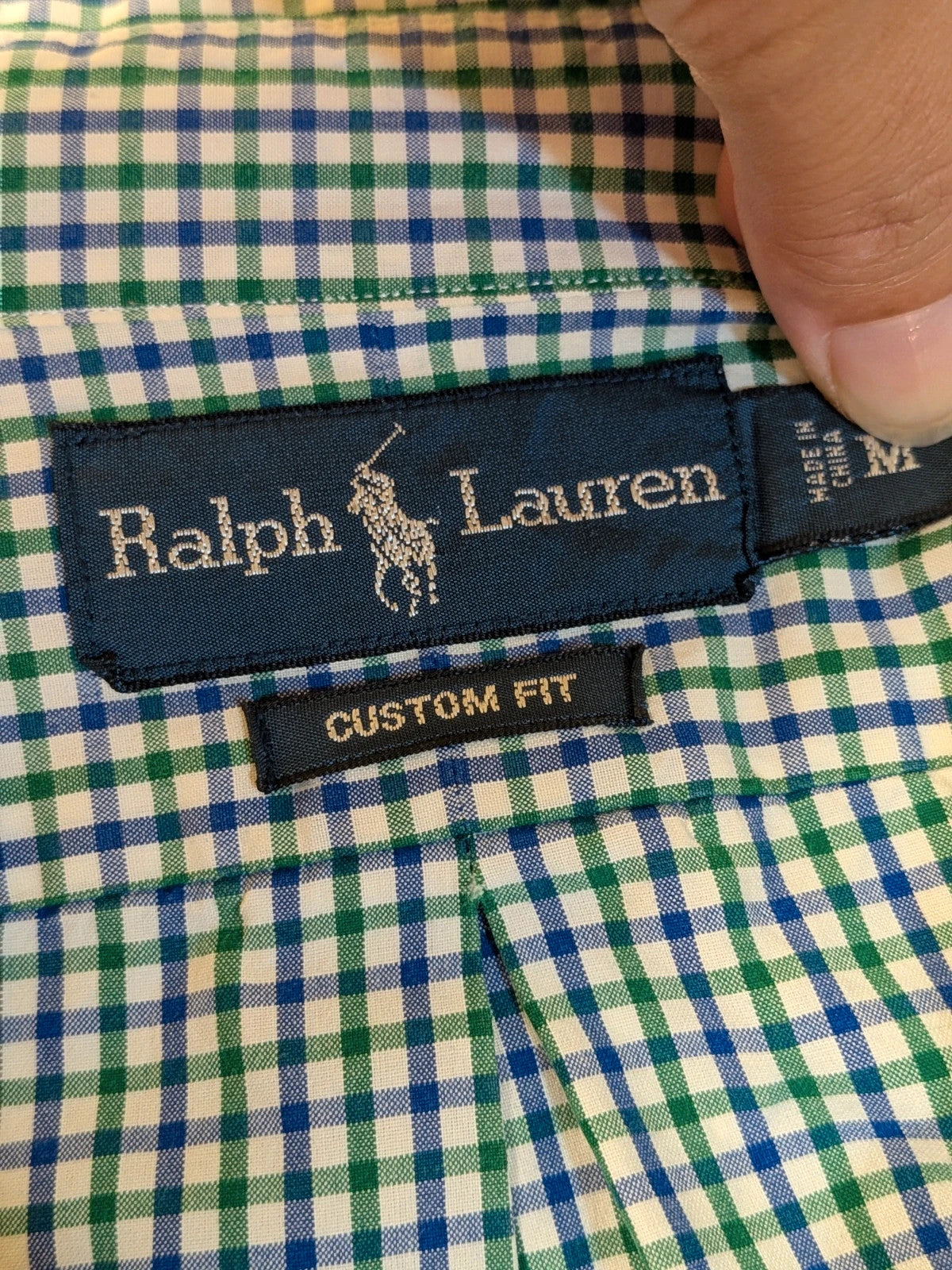 Ralph Lauren blue and green checkered shirt with embroidered dark blue Pony logo.