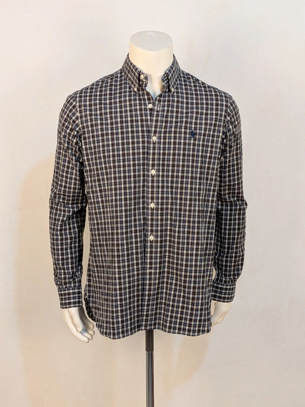 Polo Ralph Lauren black and grey checkered shirt with embroidered pony logo and button-down collar.