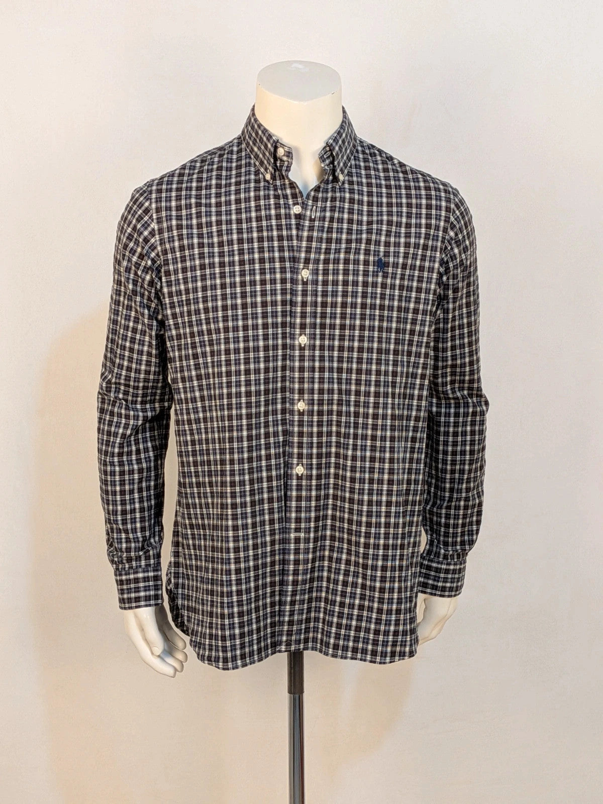 Polo Ralph Lauren black and grey checkered shirt with embroidered pony logo and button-down collar.