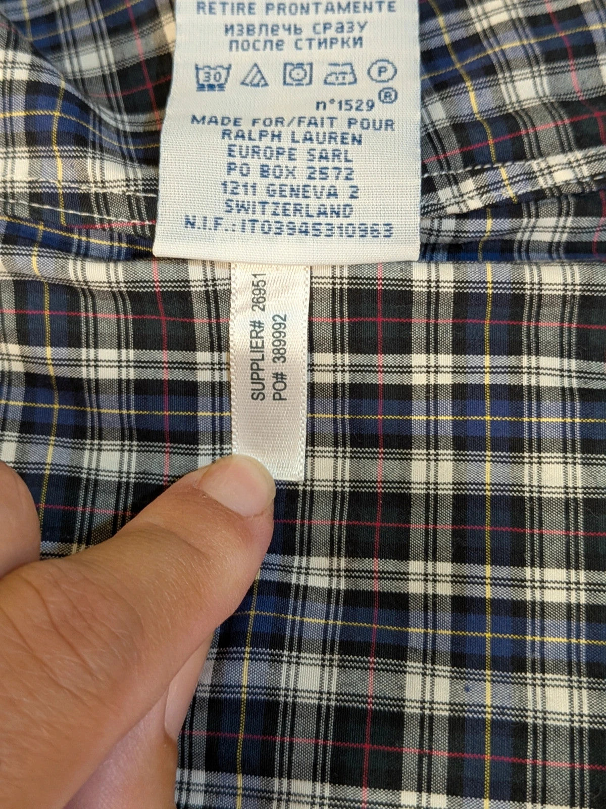 Polo Ralph Lauren black and grey checkered shirt with embroidered pony logo and button-down collar.